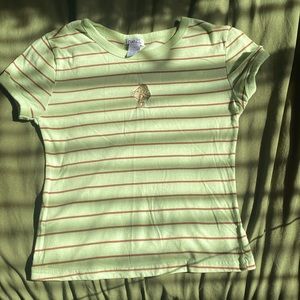 Green and brown striped mushroom embroidered form fitting shirt